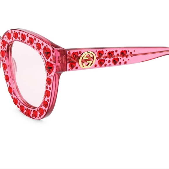 Gucci GG0116S Pink Oversized Embellished Sunglasses Ruby Red Crystal Hearts - Picture 11 of 17
